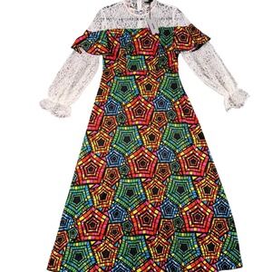 Artsy Maximalist Mosaic Boho Lace Maxi Dress L Multicolor Y2K Festival Editorial